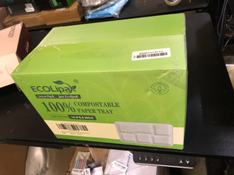 Photo 1 of ECOLipak 100% Compostable 5 Compartment Plates, 100 Pack Disposable Compartment Paper Plates, 12.5 * 8.6 inch Biodegradable Sugarcane Plates, Eco-Friendly School Lunch Trays