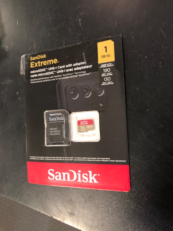 Photo 1 of SanDisk 1TB Extreme microSDXC UHS-I Memory Card with Adapter - Up to 190MB/s, C10, U3, V30, 4K, 5K, A2, Micro SD Card- SDSQXAV-1T00-GN6MA, Gold/Red