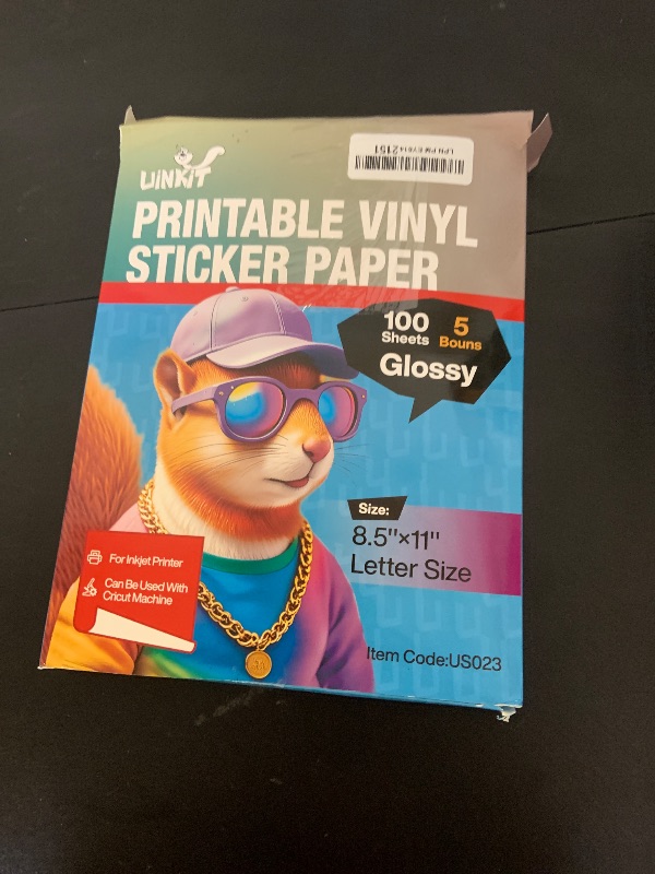 Photo 1 of Uinkit 105Sheets Premium Printable Vinyl Sticker Paper for Inkjet & Laser Printer Cricut, Extra Included Glossy 5Sheets Transparent for Free, Dries Quickly, Tear-Resistant, Removable, Adhesive1051205513

