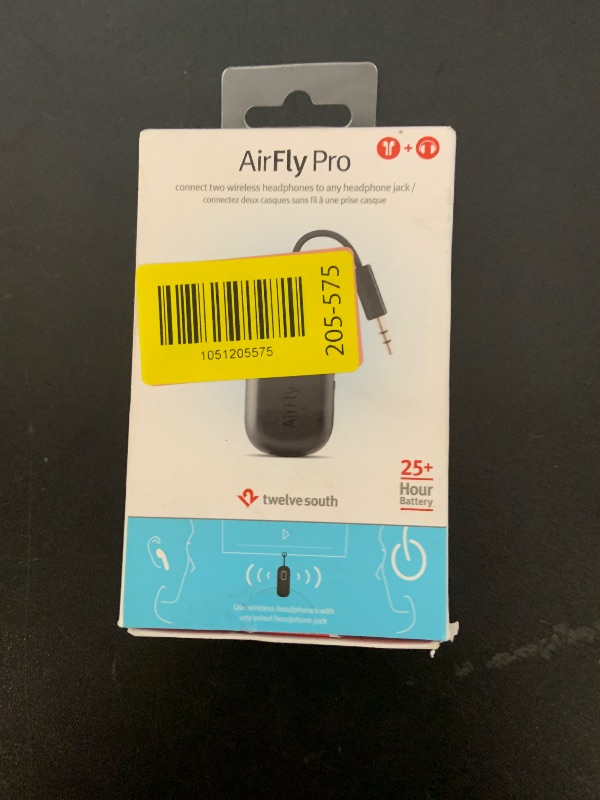 Photo 1 of Twelve South AirFly Pro Bluetooth Wireless Audio Transmitter/Receiver for up to 2 AirPods/Wireless Headphones; Use with Any 3.5 mm Audio Jack, Black