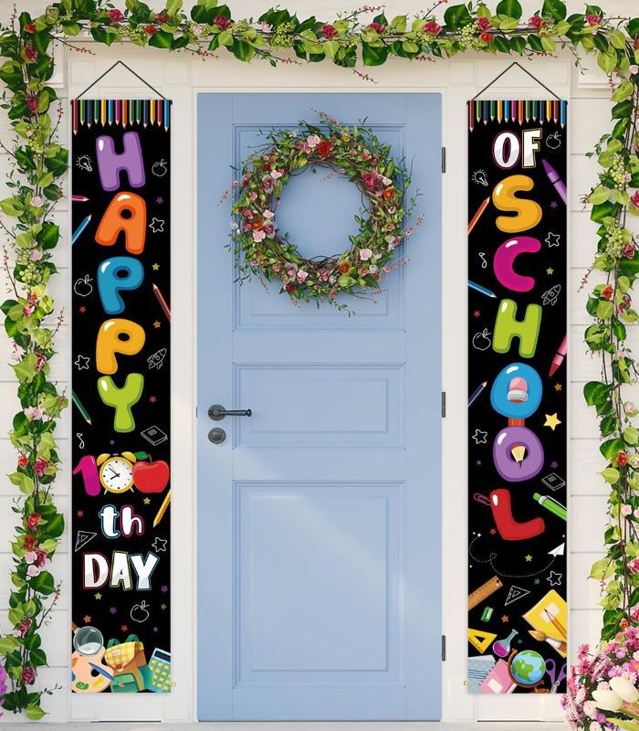 Photo 1 of 100th Day of School Decorations-Happy 100 Days Porch Sign for Kids Preschool Primary School Kindergarten Party Supplies(Black)