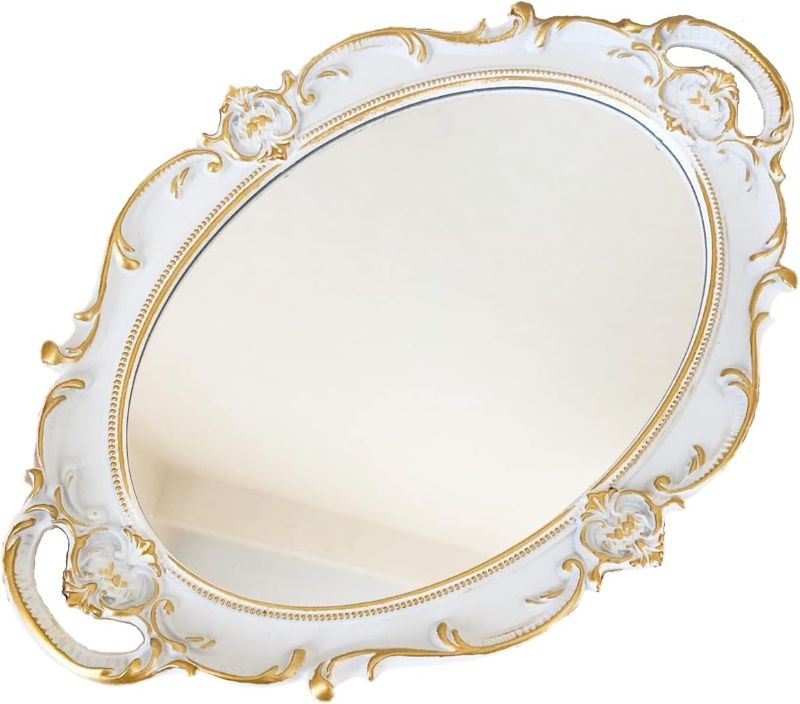 Photo 1 of Schones Geschaft Decorative Mirror Tray, Makeup Jewelry Perfume Organizer, Vintage Oval Display and Serving Tray for Bedroom Living-Room Dresser Decor (14.6”x 9.8”) (White - Oval)