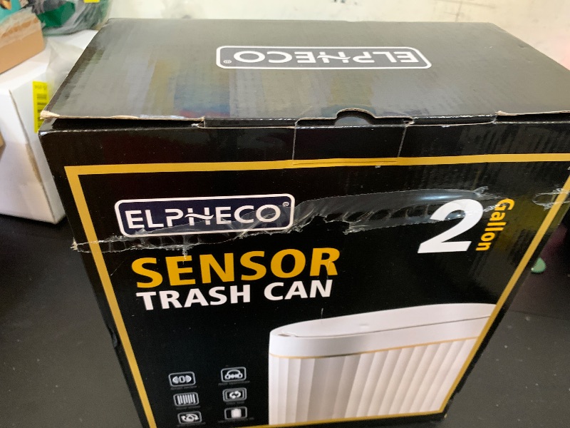 Photo 1 of ELPHECO Automatic Motion Sensor Trash Can - 2 Gallon Slimline for Bathroom, Bedroom, Kitchen, Office - White with Gold Trim