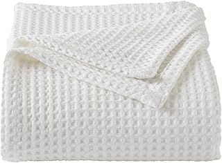 Photo 1 of 100% Cotton Blanket for Twin Size Bed - White Waffle Weave Lightweight Summer BedBlanket - 90x66in Prewashed Breathable, Woven, Layering Blanket (Twin, White)