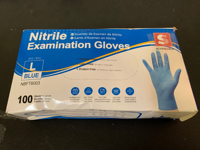 Photo 1 of size L  Schneider Nitrile Exam Gloves - L, 100-ct Box,Blue Disposable Gloves, Latex Free, Powder Free, Medical Glove for Cooking, Cleaning, Examination
