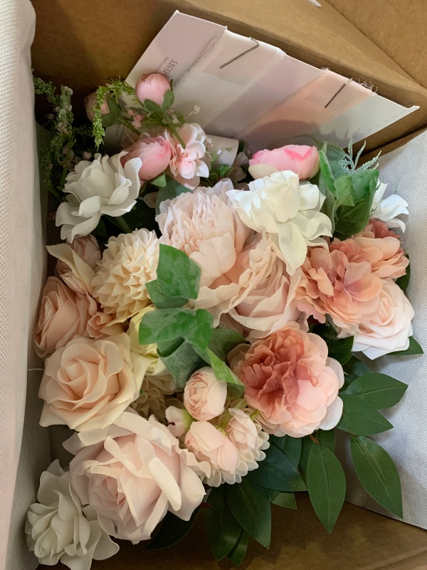 Photo 1 of Ling's Moment Blush Pink Wedding Bouquets for Bride, Blush and Cream Bridal Bouquets for Bride, 15 Inch Free Form Artificial Wedding Flower Bouquet