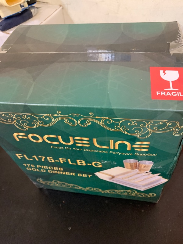 Photo 1 of FOCUSLINE 175 Count Gold Dinnerware Set for 25 Guests - Square Plastic Plates with Gold Rim, Includes 25 Disposable Dinner & Dessert Plates, Napkins, Cups, Cutlery Set for Wedding Parties