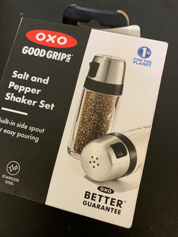 Photo 1 of OXO Salt and Pepper Shaker Set, Clear, Stainless Steel