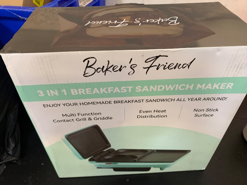Photo 1 of Baker's Friend Breakfast Sandwich Maker, Nonstick Electric Griddle & Grill Combo, 3 in 1 Breakfast Station, Make Egg Muffin Sandwiches Burgers Hot dogs & Pancakes, Includes Burger Press, Tong & Brush