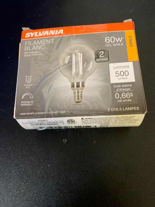 Photo 1 of Sylvania G16.5 Clear Globe LED White Filament Bulb, 5.5W, Dimmable, 500 LMS, Candelabra Base, 2700K, Soft White - 2 Pack (42245)