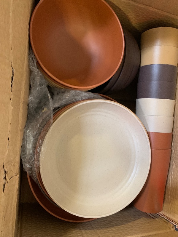 Photo 1 of Teivio 32-Piece Kitchen Plastic Wheat Straw Dinnerware Set, Service for 8, Dinner Plates, Dessert Plate, Cereal Bowls, Cups, Unbreakable Colorful Plastic Outdoor Camping Dishes, Desert