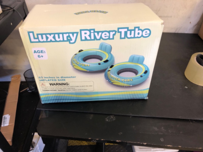 Photo 1 of 2 Pack 53" Heavy Duty River Tube Float for Adults,Inflatable River Raft Float for Pool Lake Beach with Built-in Cup Holders,Ergonomic Backrest,Durable Grip Handles & Grab Rope,360Lb Weight Capacity