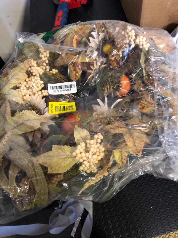 Photo 1 of YNYLCHMX 18" Fall Wreaths for Front Door, Artificial Autumn Wreath with Sunflower Pumpkin and Berries for Home Porch Window Wall Farmhouse Decor, Indoor Outdoor, Holiday Decor