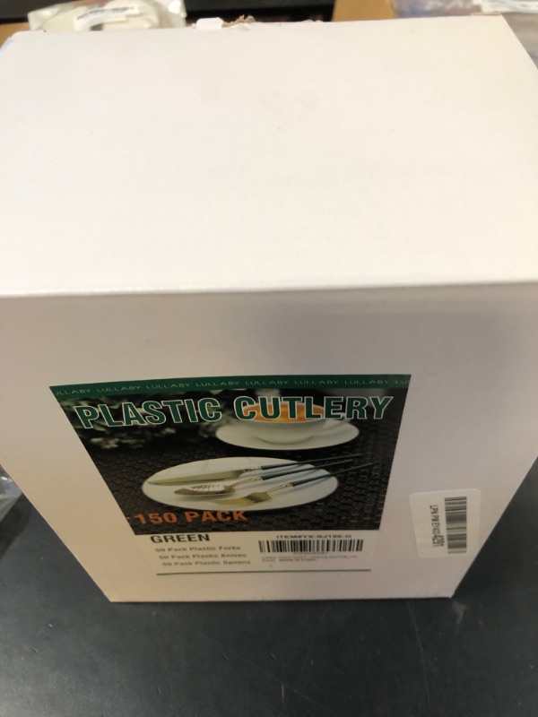 Photo 1 of Lullaby 150pcs Gold Plastic Silverware, High End Disposable Cutlery with Dark Green Handle Include 50 Forks, 50 Spoons, 50 Knives, Elegant Silverware for Wedding, Party, Gathering and Daily Use