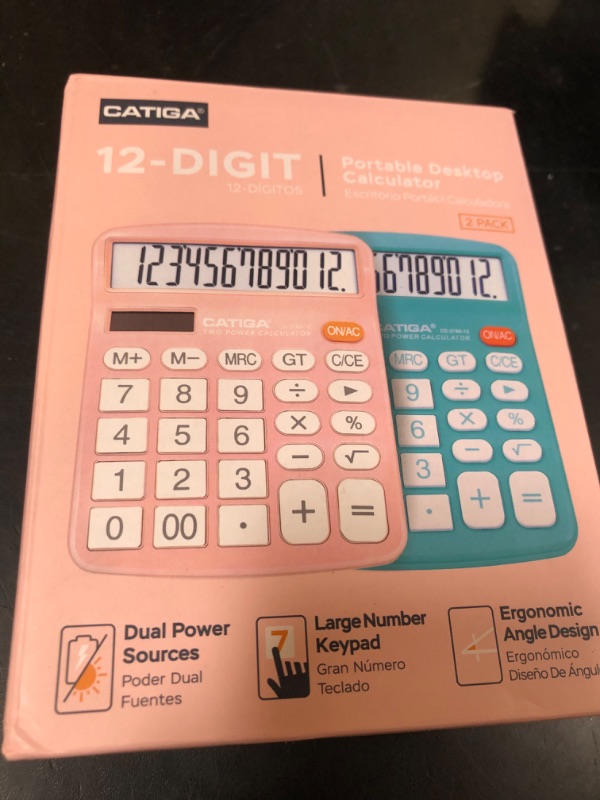 Photo 1 of CATIGA Desktop Calculator (2 Pack) 12 Digit with Large LCD Display and Sensitive Button, Solar and Battery Dual Power, Standard Function for Office, Home, School, CD-2786 (Light Blue/Light Pink)