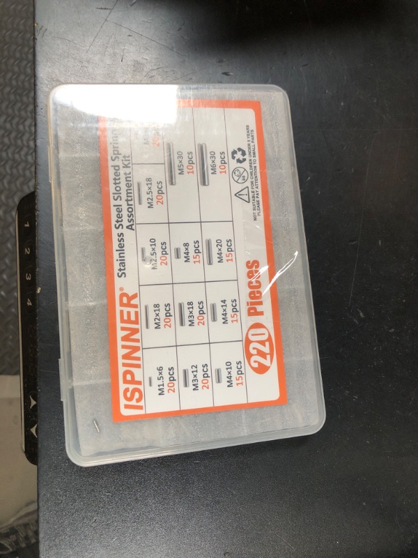 Photo 1 of ISPINNER 220pcs Roll Pin Set, Stainless Steel Slotted Spring Pin Assortment Kit M1.5 M2 M2.5 M3 M4 M5 M6