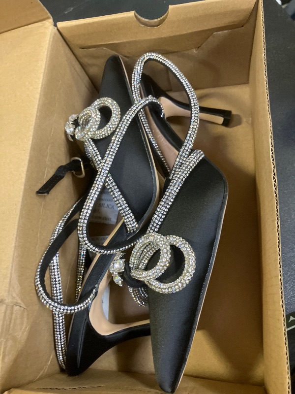 Photo 1 of VETASTE Women's Double Bow Pointed Toe Ankle Strap Crystal Pumps Wedding Bridal Party Stilettos Backless Satin Heeled Sandals,Black, Size 7.5