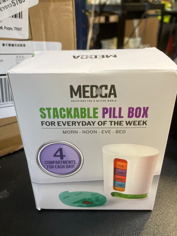 Photo 1 of MEDca Weekly Pill Organizer, 1 Dispenser, 7 Stackable Multi-Color Compartments Four Times-a-Day - Morning, Noon, Evening, and Bedtime, White