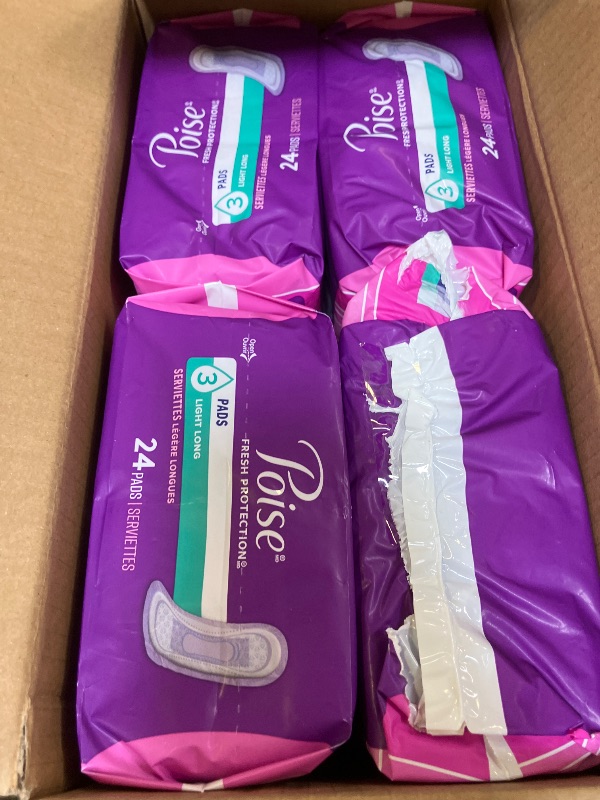 Photo 1 of Poise Incontinence Pads & Postpartum Incontinence Pads, 3 Drop Light Absorbency, Long Length, 96 Count (4 Packs of 24), Packaging May Vary