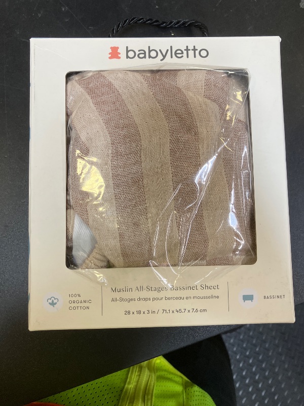 Photo 1 of Babyletto Muslin Baby Bassinet Sheets for Girls & Boys - GOTS Certified Breathable Organic Cotton Cover - 360° Fitted, Soft & Cozy Rectangle Bedside Bassinet Sheets, Cocoa Offset Stripe
