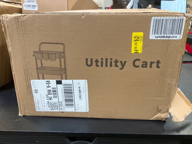 Photo 1 of Buzowruil 4-Tier Rolling Utility Cart, Storage Cart with Handle Multi-Purpose and Locking Wheels,with Hanging Basket and Hook for Office, Kitchen, Bathroom,White