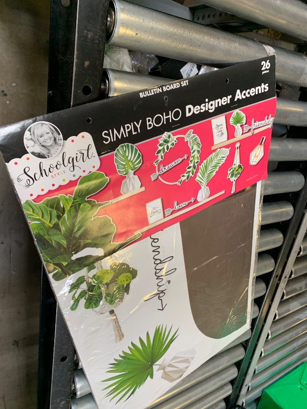 Photo 1 of Schoolgirl Style Simply Boho Designer Accents Bulletin Board Set?Motivational Banners with Wreath, Word Accents, Plants, Pendant Lamps, Vases, Wood Grain Shelves, Hanging Basket Cutouts (26 pc)