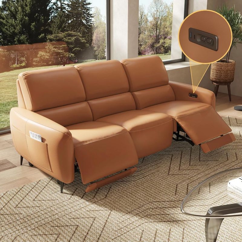 Photo 1 of Incomplete-------ALIVING Sofa Power Recliner, Zero Wall Reclining Three Seat Top-Grain Leather Couch with Drop-Down Table Tray, USB Charging & Side Pockets, Orange Brown
