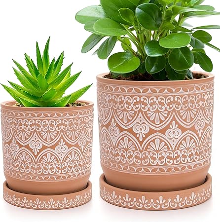Photo 1 of Suwimut Set of 2 Terracotta Plant Pots 4 Inch 6 Inch, Small Medium Clay Planter Pot, Ceramic Cactus Flower Succulent Pot with Drainage Hole and Saucer for Indoor Outdoor Plants