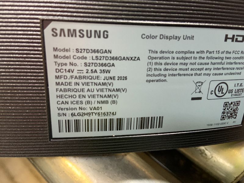 Photo 1 of Samsung 27" Essential S3 (S36GD) Series FHD 1800R Curved Computer Monitor, 100Hz, Game Mode, Advanced Eye Comfort, HDMI and D-sub Ports, LS27D366GANXZA, 2024