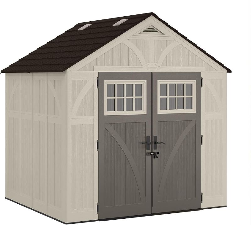 Photo 1 of Suncast 8' x 7' Heavy-Duty Resin Tremont Storage Shed with Reinforced Floor, Skylights for Natural Light, Lockable Double Doors, Cream, Made in the USA
