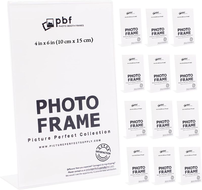 Photo 1 of 4x6 Acrylic Sign Holder | 4 x 6 Vertical Stand Up Slanted Sign Holder | Acrylic Stands for Display | Clear Picture Frame, Menu Table Top Stand, Plastic Flyer Holder (6-Pack)