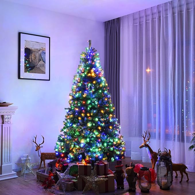 Photo 1 of 7ft Pre- Christmas Tree, 500 Multi-Color or Warm White LED Lights with 11 Lighting Modes, 1570 PVC Branch Tips, Metal Stand, Hinged Xmas Artificial Decoration Tree for Home Office