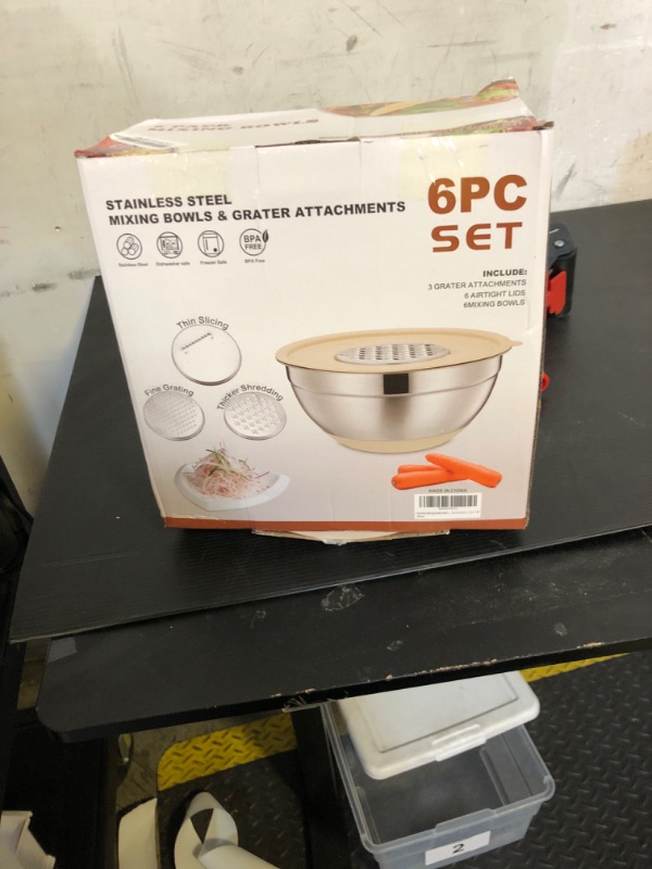 Photo 1 of Fyrnova Mixing Bowls with Lids Set, 6 Piece Stainless Steel Nesting Storage Bowls for Kitchen, with 3 Grater Attachments & Non-Slip Bottoms, Size 5.5,3.5,2.5,2.1,1.5,1.1 QT