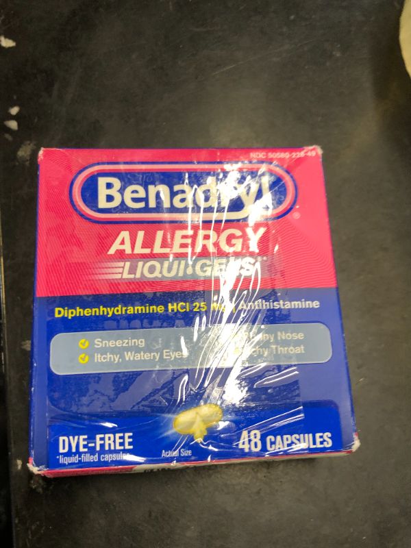 Photo 1 of Benadryl Liqui-Gels Antihistamine Allergy Medicine & Cold Symptom Relief, Dye-Free Liquid Gels with 25 mg of Diphenhydramine HCl for Symptoms Such As, Runny Nose, Sneezing & More, 48 ct