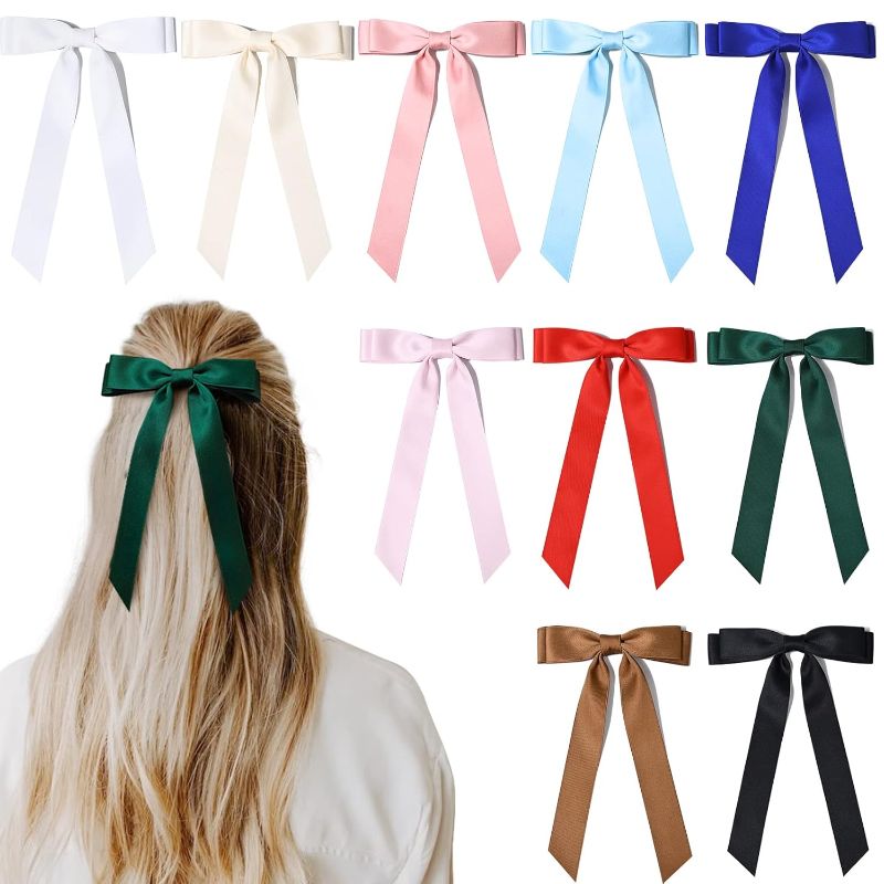 Photo 1 of 10PCS Silky Satin Hair Bows Hair Clip Ribbon Accessories Ponytail Holder Slides Metal Clips French Barrette Hair Bow for Women Girls Toddlers Teens Kids