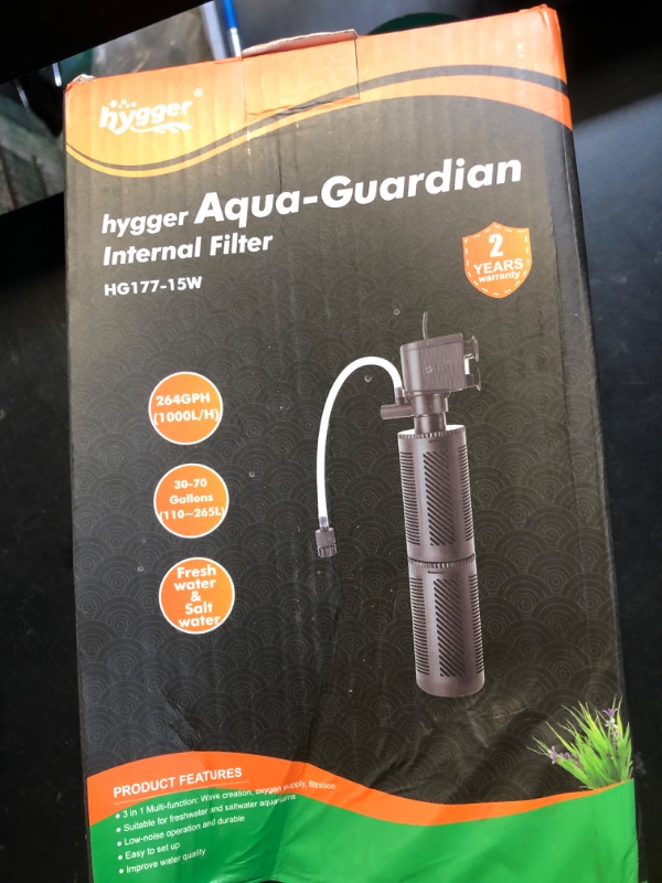 Photo 1 of hygger 30-70 Gallon Submersible Aquarium Power Filter in-Tank Filtration with Aeration for Saltwater and Freshwater Fish Tank Internal Filters 264 GPH