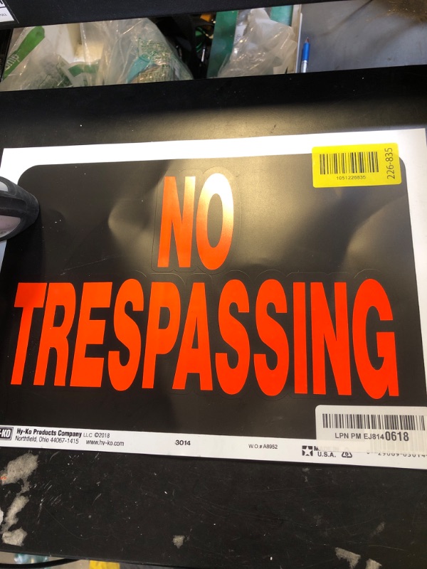 Photo 1 of Hy-Ko Products 3014 No Trespassing Plastic Sign 8.5" x 12" Orange/Black, 1 Piece