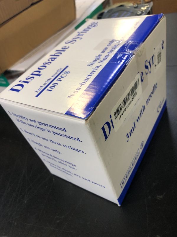 Photo 1 of 100 Pack 3ml 23Ga Plastic Syringe with Measurement for Scientific Labs, Industrial Dispensing Animal and Pet Supplies, Disposable Individually Wrapped (100, 3ml-23Ga)