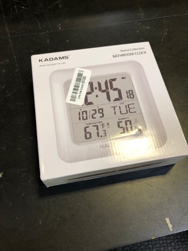 Photo 1 of KADAMS Bathroom Clock 9.5" Kitchen Wall Clock with Large LCD Screen – Shower Clock with Suction Cup,Temperature, Humidity, Calendar – Water-Resistant, 4 Mounting Options, Silver