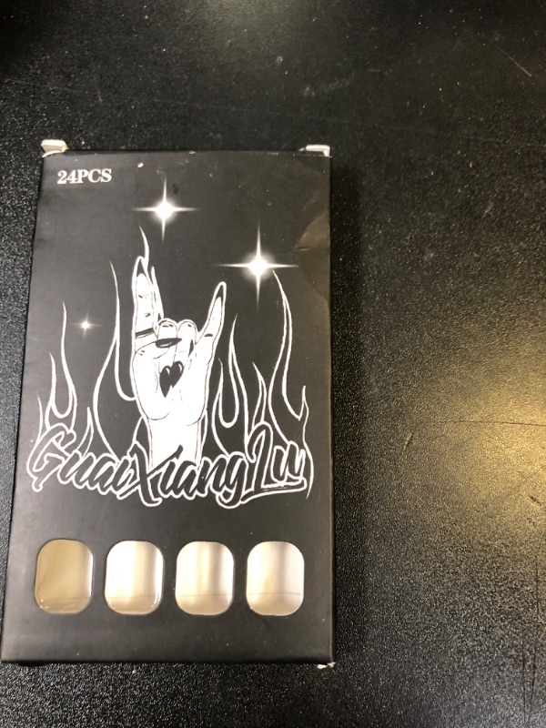 Photo 1 of MISUD Press on Nails - Medium Almond Fake Nails with Goth Black, Acrylic Silver Chrome Star Design 24 pcs