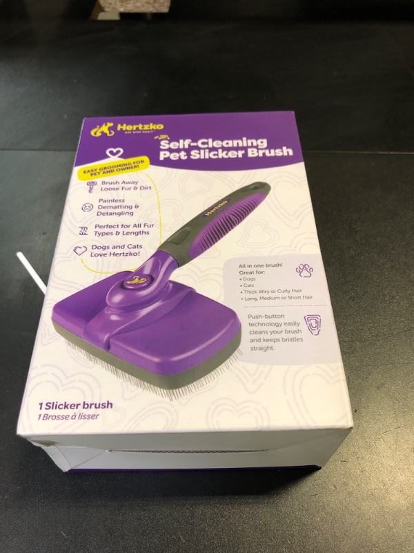 Photo 1 of Hertzko Self Cleaning Slicker Brush for Dogs and Cats - Pet Hair Brush for Shedding Long and Short Hair - Easy Clean Retractable Bristles - Cat and Dog Grooming Tool - Purple