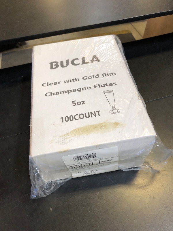 Photo 1 of bUCLA 100 Pack Gold Plastic Champagne Flutes - 5OZ Plastic Champagne Glasses With Gold Rim - Premium Quality Gold Disposable Cups-Ideal for Thanksgiving Party, Weddings