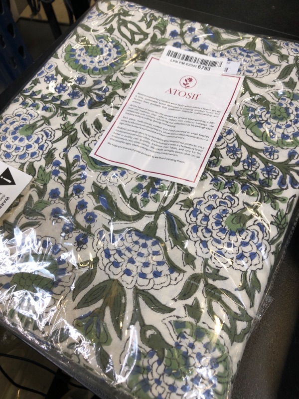 Photo 1 of ATOSII Clover Blue 100% Cotton Rectangle Fall Tablecloth, Handblock Floral Linen Table Cloth for Kitchen Dining Table I Parties Wedding Christmas Thanksgiving I Fall Home Decor 60 X 108 Inches