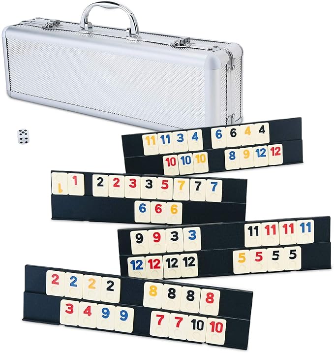 Photo 1 of ERLLE - 106 Rummy Tiles Game Set with Aluminum Case. Deluxe Rummy Cube Game for Adults & Families, Includes 4 Anti-Skid Racks, Dice. Travel Board Game for 2-4 Players, Colorful Melamine Tiles.