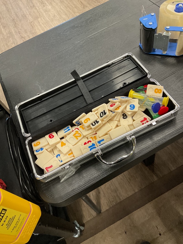 Photo 1 of ERLLE - 106 Rummy Tiles Game Set with Aluminum Case. Deluxe Rummy Cube Game for Adults & Families, Includes 4 Anti-Skid Racks, Dice. Travel Board Game for 2-4 Players, Colorful Melamine Tiles.