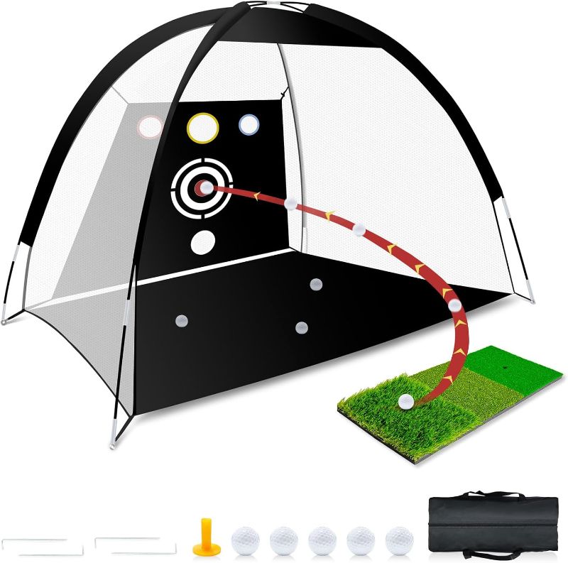 Photo 1 of Golf Net - Upgraded All-in-One 10x7ft Golf Practice Net with 5 Real Balls, Tri-Turf Mat and Portable Storage Bag, Durable Hitting Nets for Backyard Driving Outdoor - Gifts for Golfing Lovers
