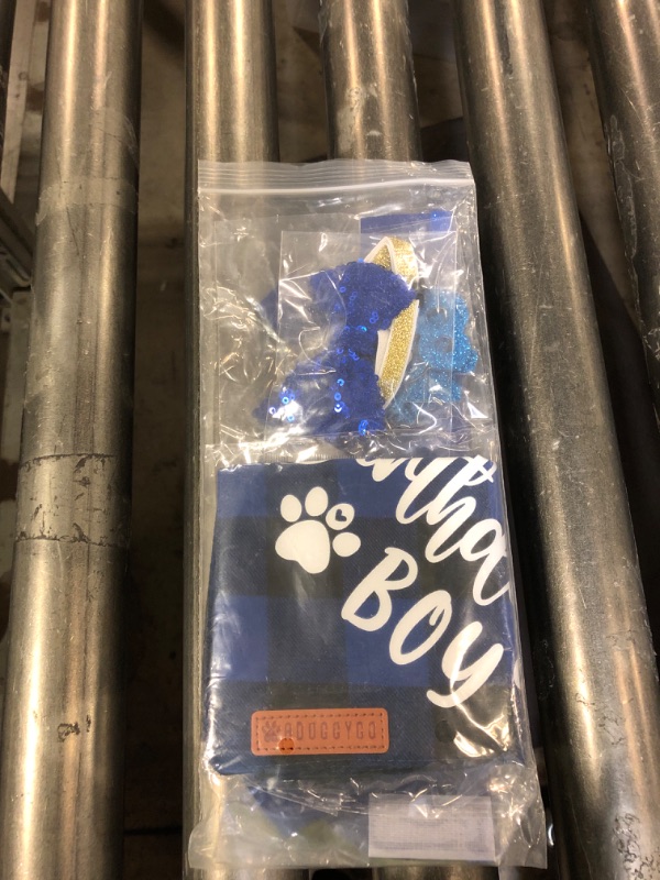 Photo 1 of ADOGGYGO Dog Birthday Party Supplies, Blue Plaid Birthday Boy Dog Bandana, Golden Pet Party Hat with Numbers, Bowtie for Medium Large Pets (Large)