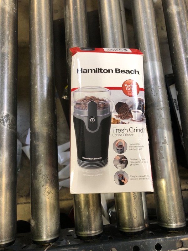 Photo 1 of Hamilton Beach Fresh Grind Electric Coffee Grinder for Beans, Spices and More, Stainless Steel Blades, Removable Chamber, Makes up to 12 Cups, Black