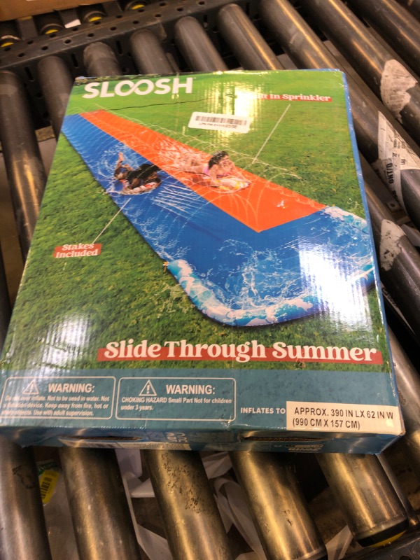 Photo 1 of JOYIN 32.5FT Water Slide and 2 Inflatable Boards, Extra Long Double Lawn Heavy Duty Splash Mat Pad with Sprinkler for Kids Adults Backyard Summer Water Toy Outdoor Fun, Blue, Orange