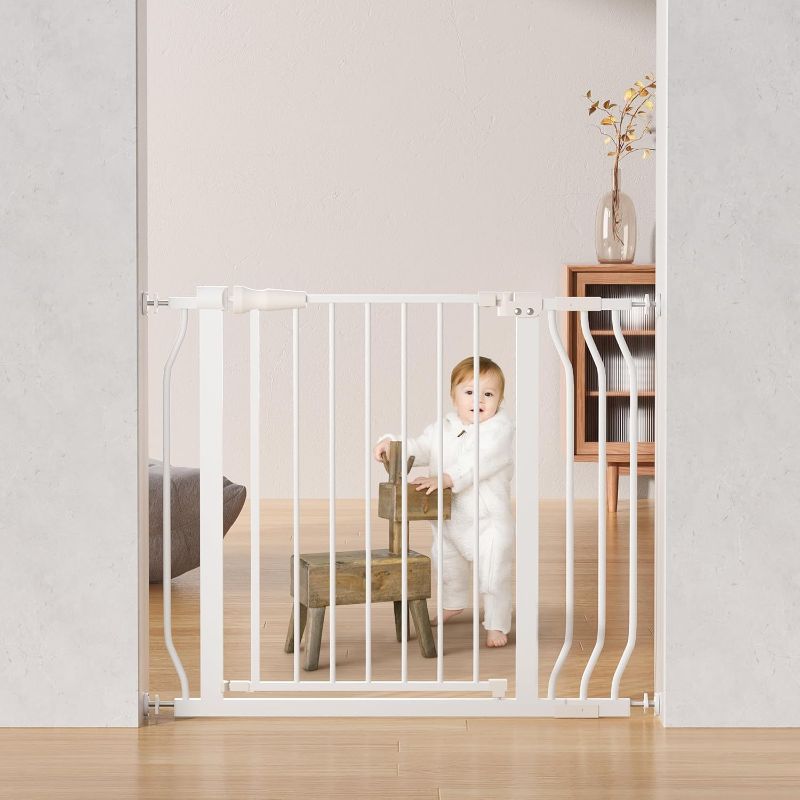 Photo 1 of Baby Gate for Stairs Doorways, Safety Pet Gate with Auto-Close/Hold-Open Features, Fits Openings 29.1” to 38.5”, 30” Tall, Easy Pressure Mounted Walk Through Baby Dog Gate, White
